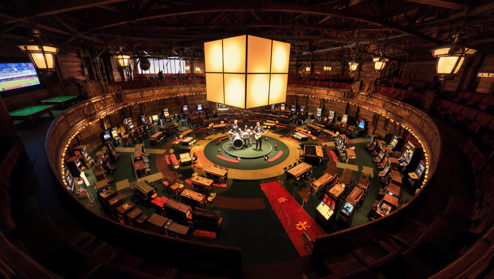 Concept render — the whole room: the full circular warm-timber hall, machine rings and red river lane, the band on the center stage beneath the hanging jumbotron