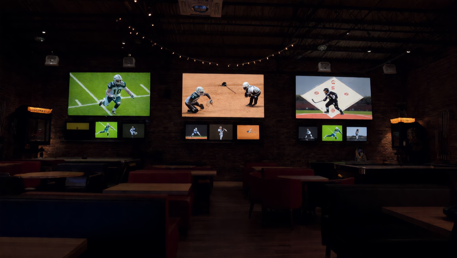 Concept render — the sports bar: dedicated one-sport screen islands over booth pockets, every other screen a different game