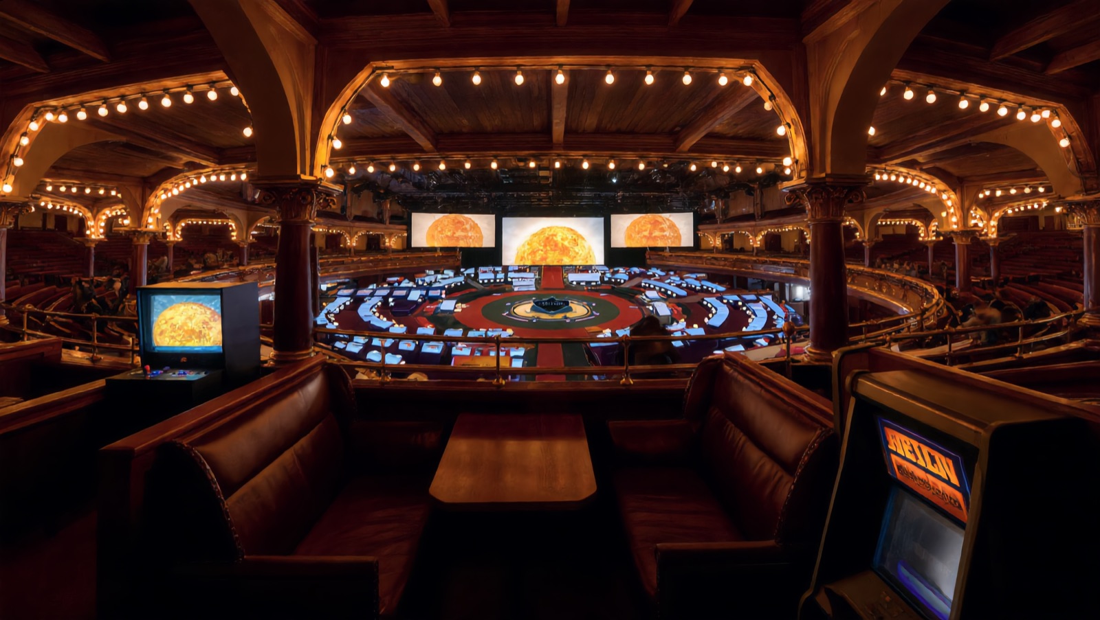 Concept render — inside your private booth: your own TV, your own arcade machine, clear sightline to the sun stage