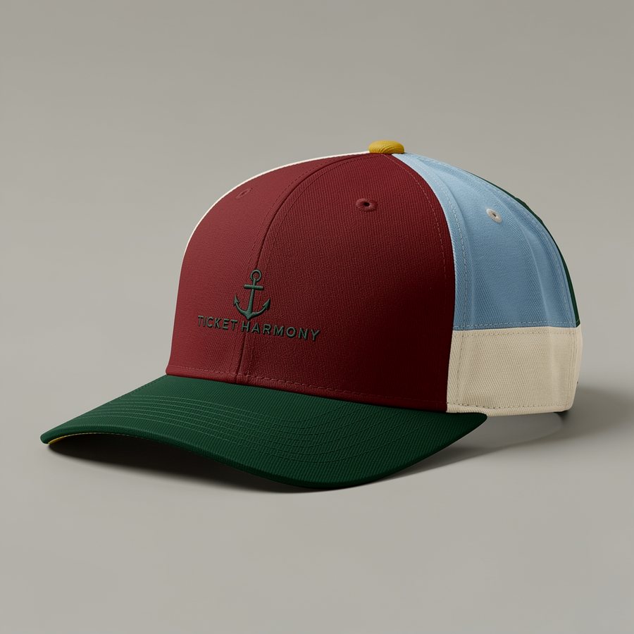 Color Block cap — red, blue, cream, and green panels with the Ticket Harmony anchor wordmark