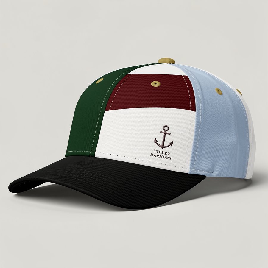 Color Block cap in white — red and green front stripes, black brim, anchor wordmark