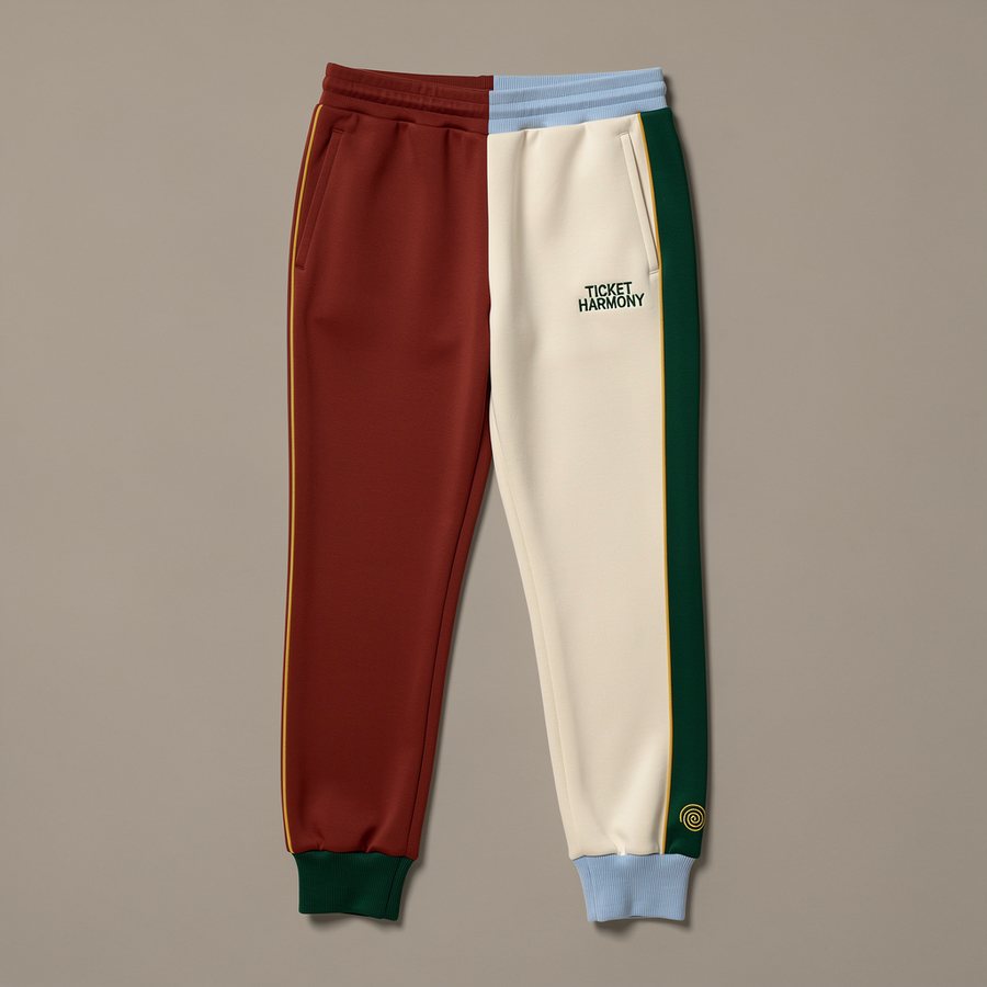 Color Block track pants — solid red left leg, cream right leg with green side panel and yellow piping