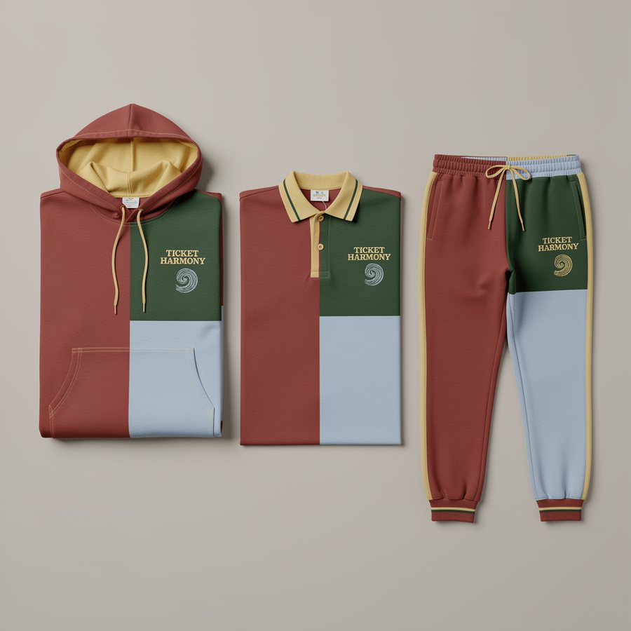 The Color Block capsule set laid flat — hoodie, polo, and track pants sharing the red-slice system