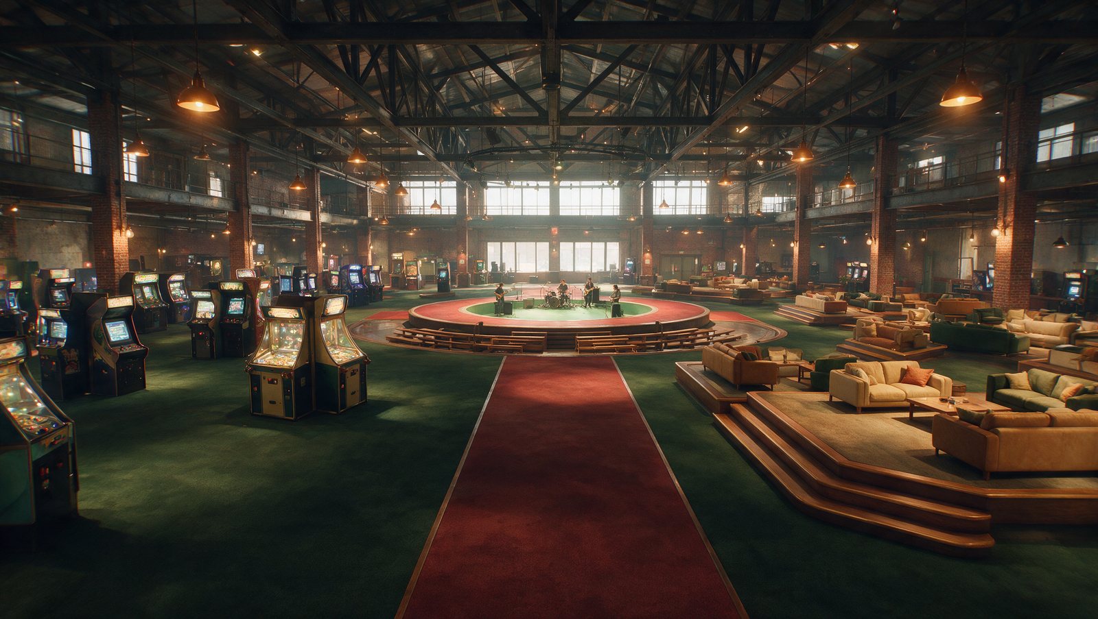 Concept rendering of a band playing the circular center stage — bench rings and lounge tiers facing inward from every side of the hall