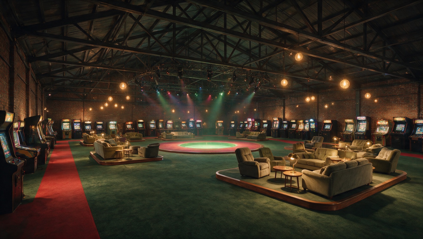 Concept rendering of the colosseum at night — truss light ring over the stage, tiered lounge islands and neon-lit cabinets ringing the brick walls