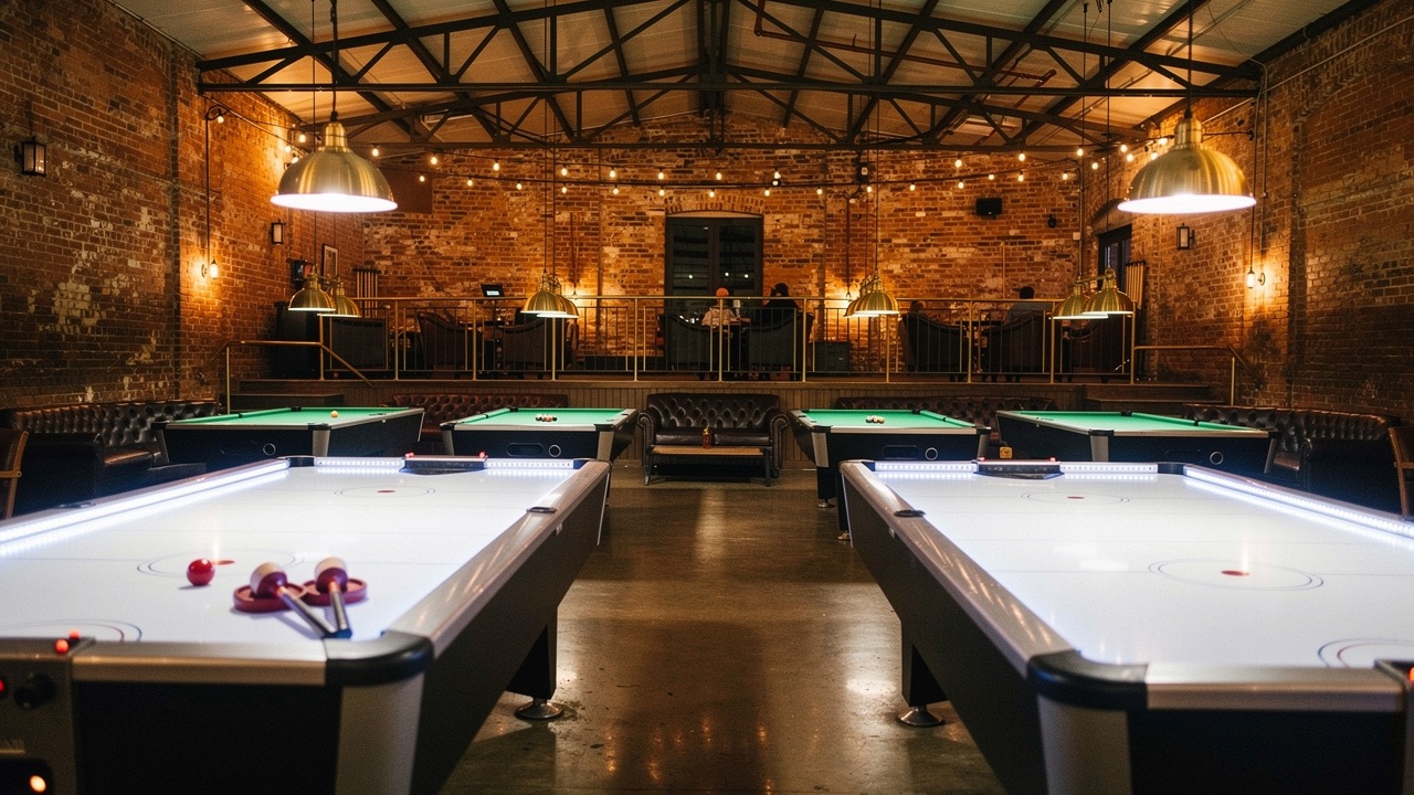 Concept render — air hockey tables glowing in the warm room