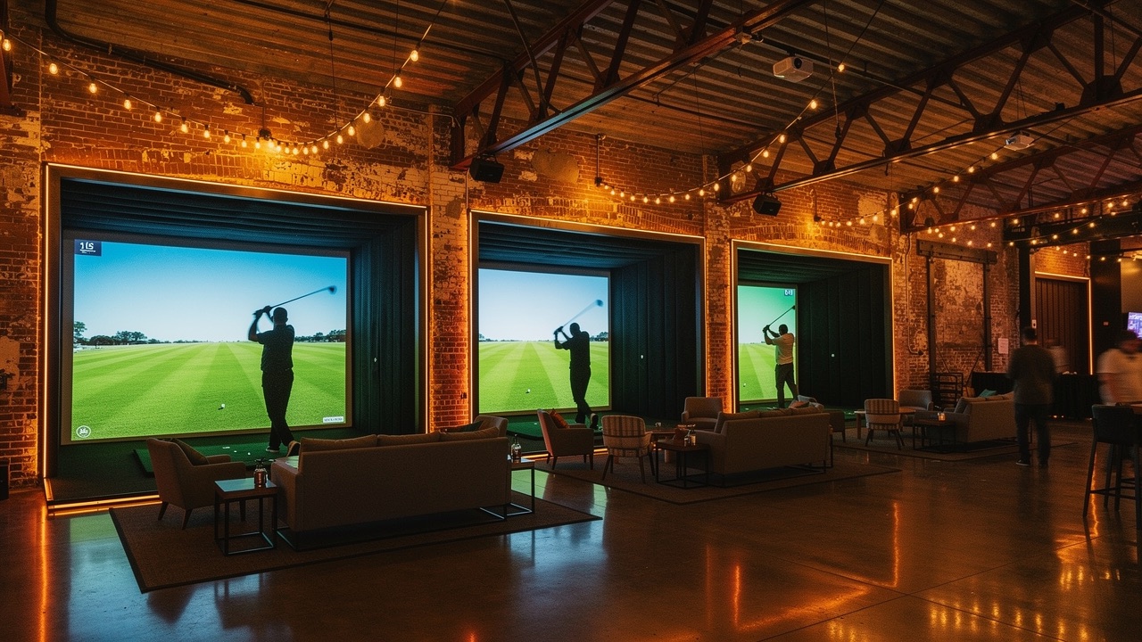 Concept render — golf simulator bays with lounge seating